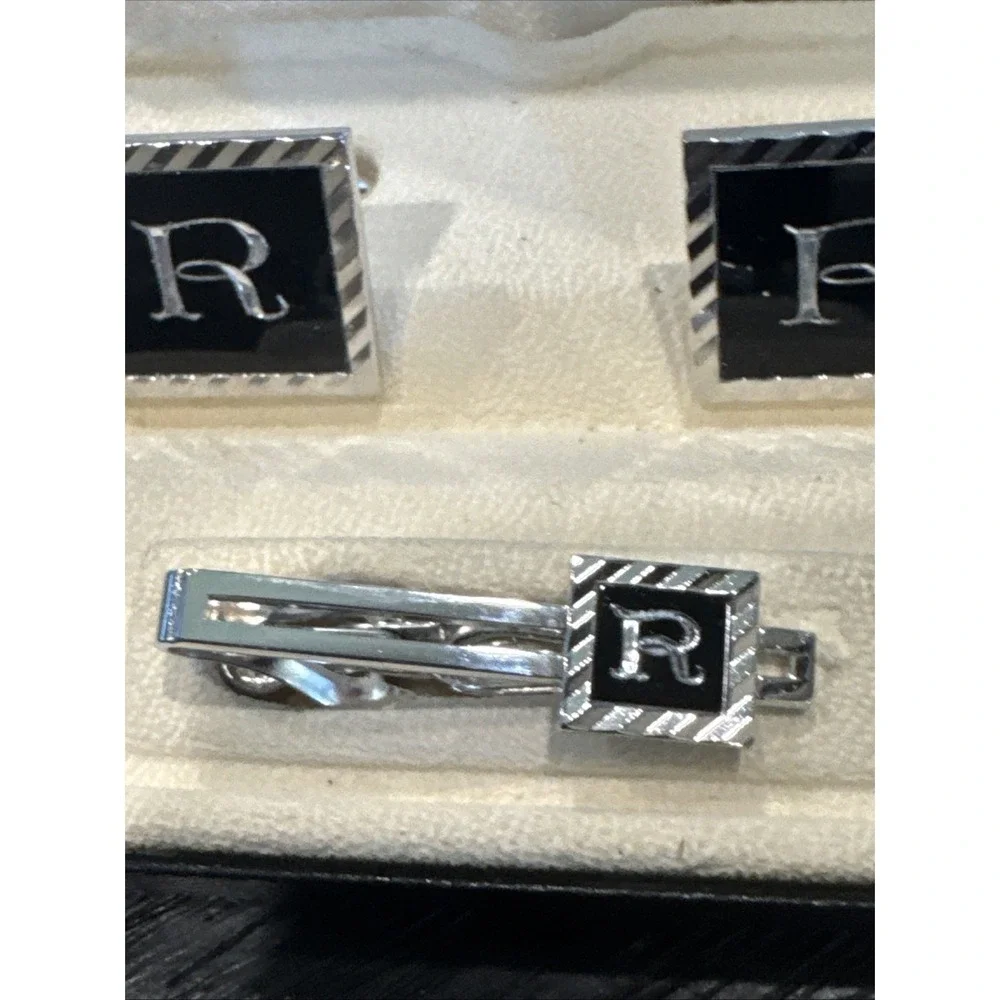 R Monogram Initial Letter Vintage SWANK Cuff Links & Tie Bar Clip Silver‎ Tone